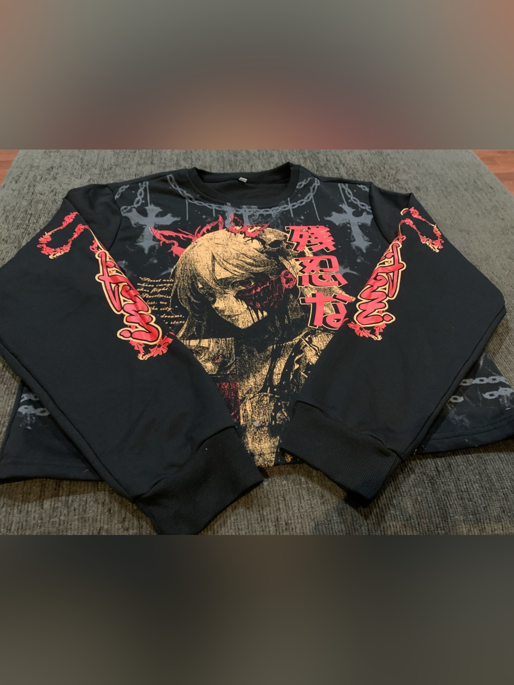 Black Graphic Anime-Inspired Crewneck Sweater - Picture 6 of 9